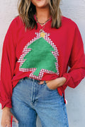 Fiery Red Plaid Frayed Christmas Tree Patched Drop Shoulder Sweatshirt