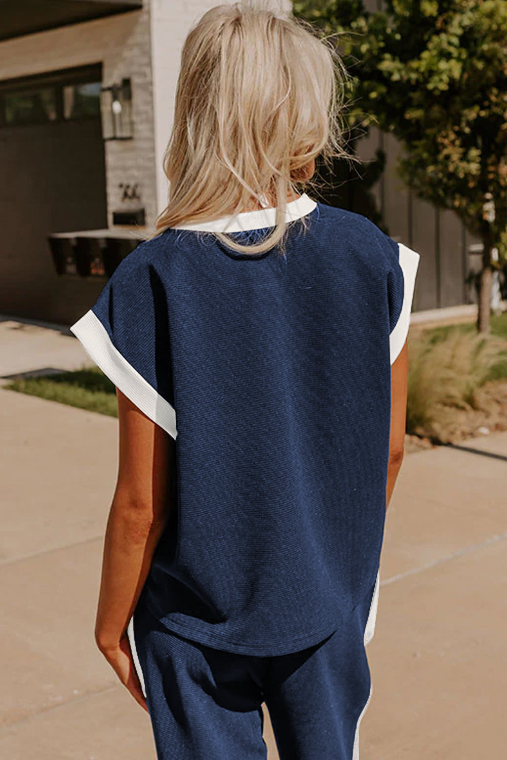 Navy Blue Contrast Trim Pocket T Shirt and Wide Leg Pants Set - The Fair Lady Shop