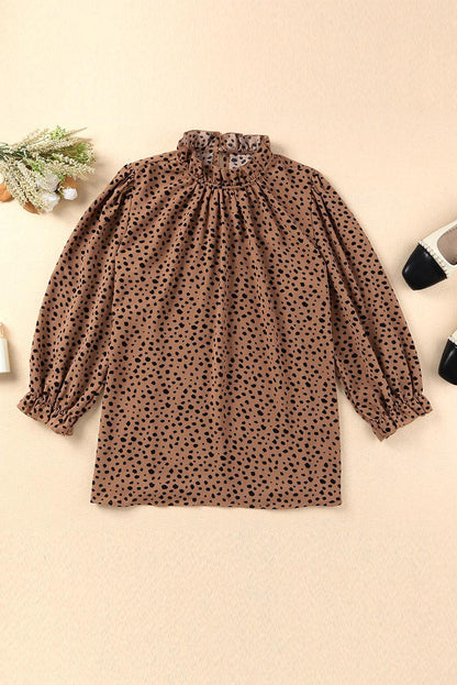 Brown Leopard Print Frill Neck 3/4 Sleeves Blouse - The Fair Lady Shop