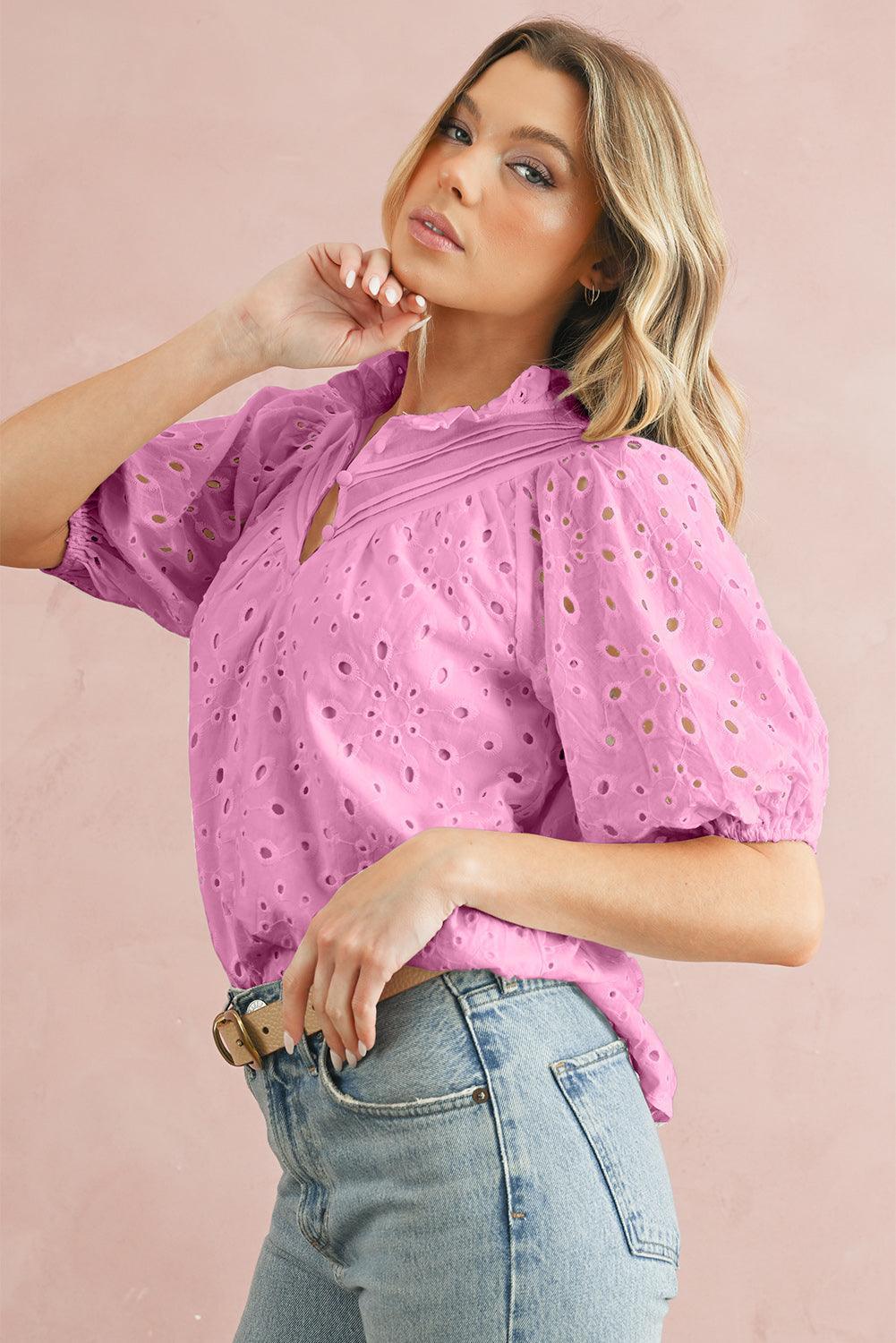 Bonbon Hollow-out Flower Embroidered Short Puff Sleeve Blouse - The Fair Lady Shop