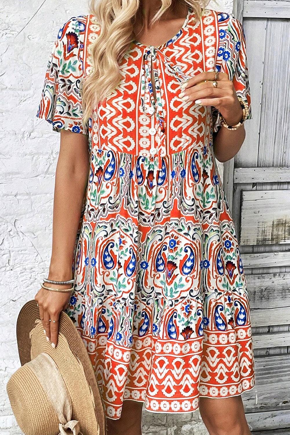 Orange Bohemian Tie Neck Flounce Sleeve Ruffle Hem Mini Dress - The Fair Lady Shop