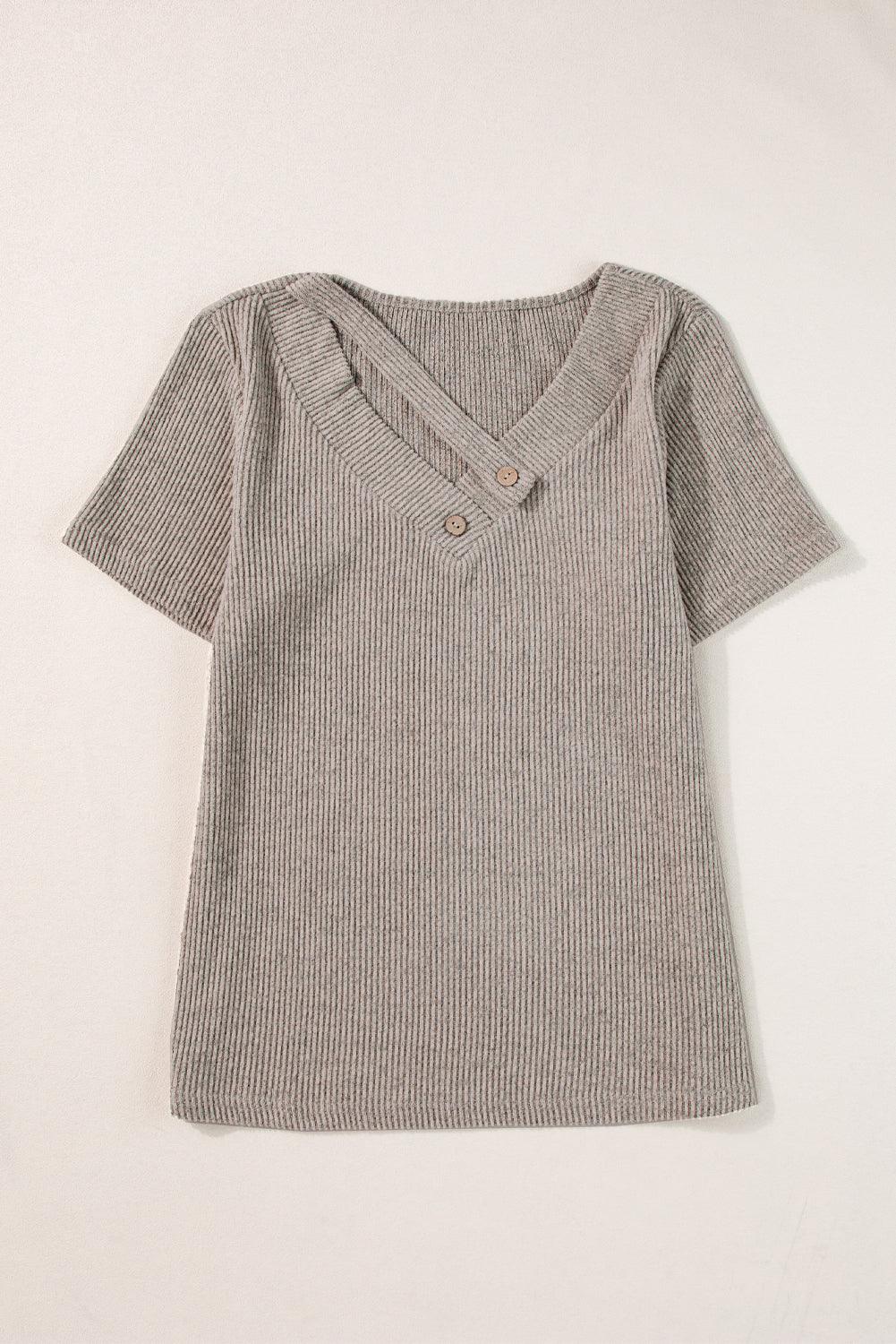 Pale Khaki Button Strappy V Neck Plain Ribbed Tee - The Fair Lady Shop