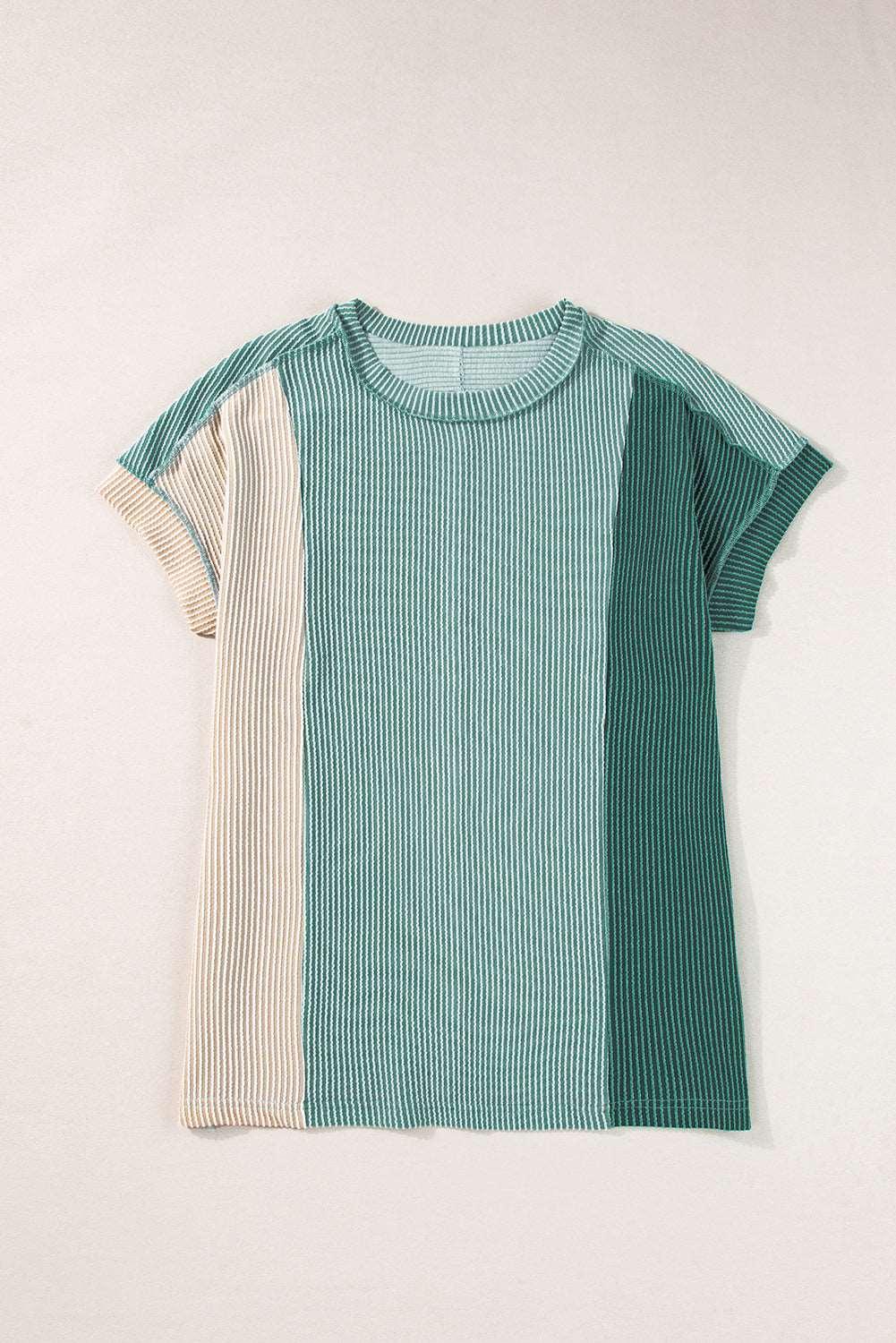 Apricot Pink Colorblock Ribbed Round Neck T Shirt - The Fair Lady Shop