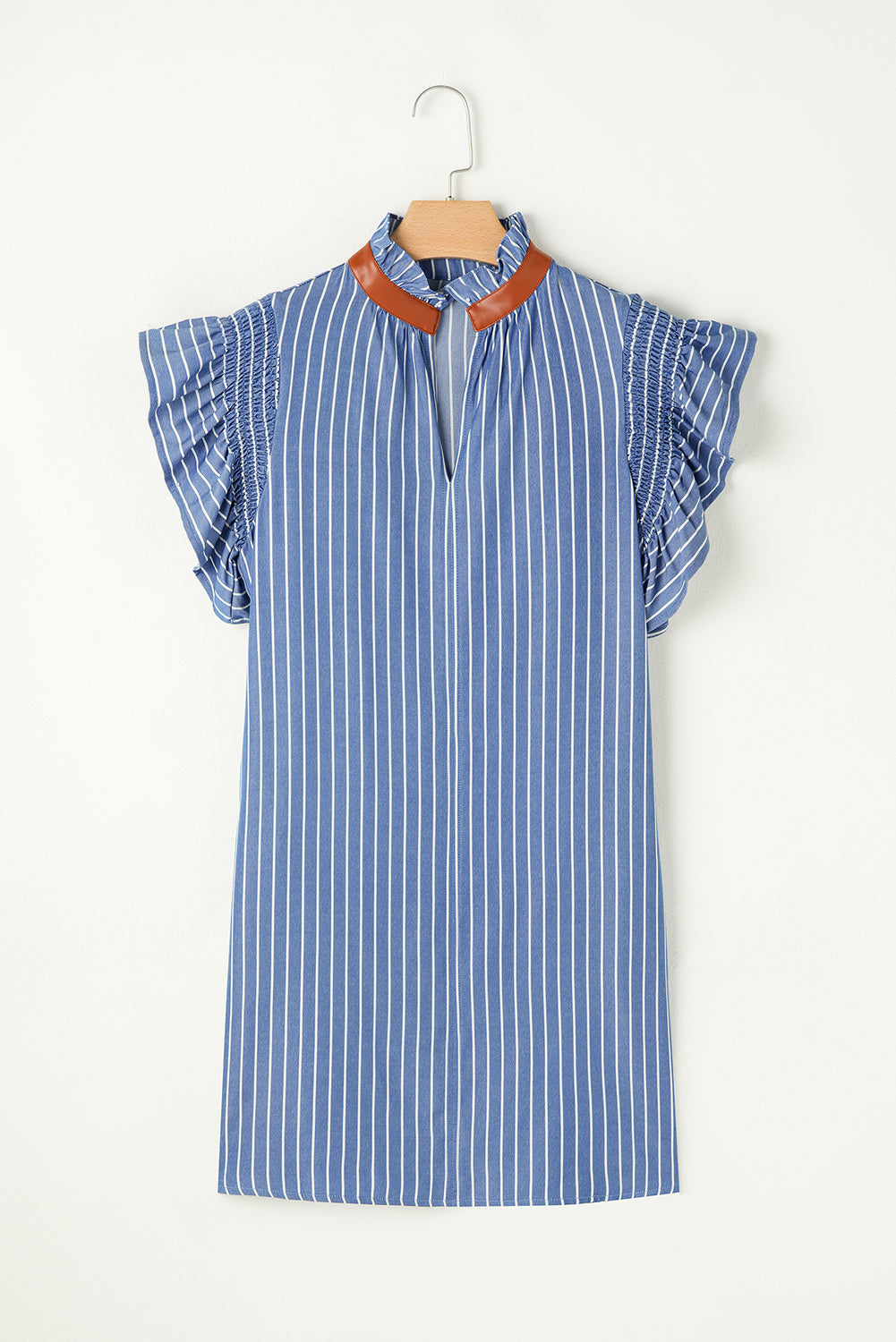 Sky Blue Stripe Frilly Split Neck Shirred Ruffle Sleeve Mini Shift Dress - The Fair Lady Shop