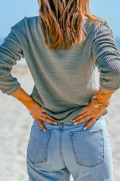 Green Waffle Knit Drop Shoulder Long Sleeve Top - The Fair Lady Shop