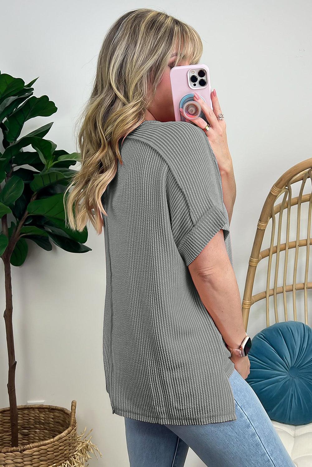 Medium Grey Ribbed Knit Exposed Seam Round Neck T-shirt - The Fair Lady Shop
