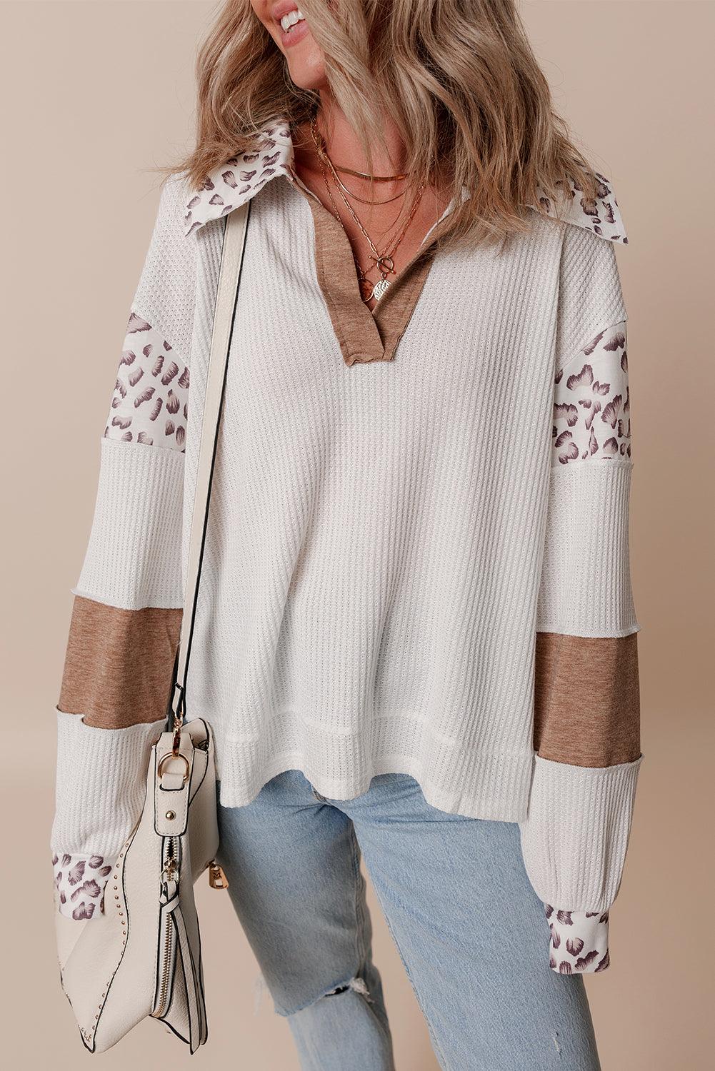 White Leopard Patchwork Turn-down Collar Waffle Top - The Fair Lady Shop