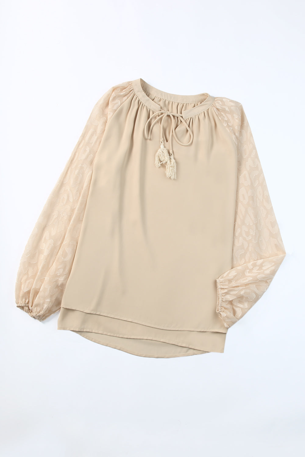 Beige Leopard Print Fringe Blouse - Trendy Split Neck Design
