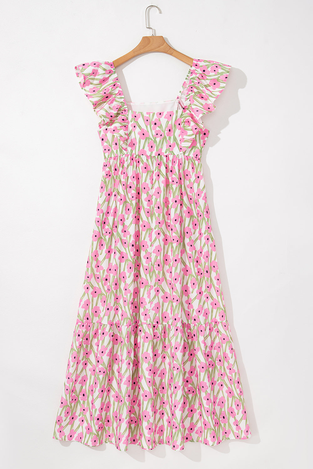 Pink Floral Print Square Neck Ruffled Strap Maxi Dress - The Fair Lady Shop