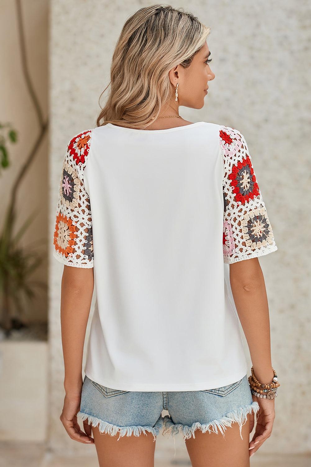 Black Floral Hollowed Crochet Sleeve Boho T Shirt - The Fair Lady Shop