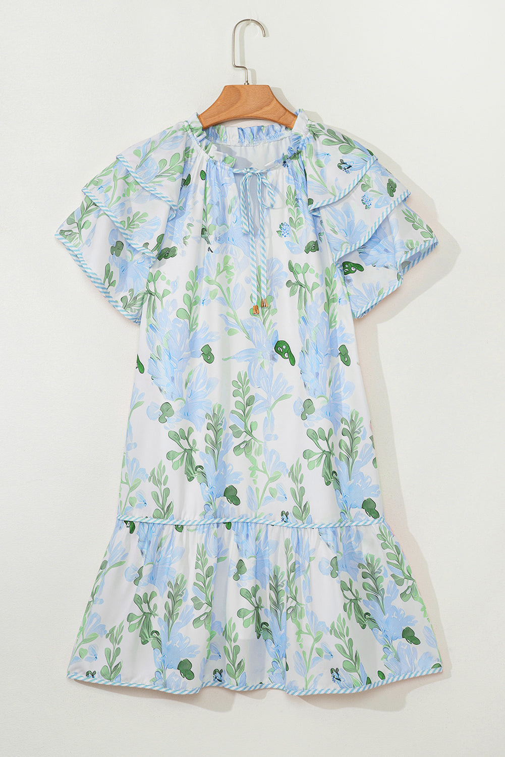 Sky Blue Floral Contrast Edge Ruffle Sleeve Tie Neck Mini Dress - The Fair Lady Shop