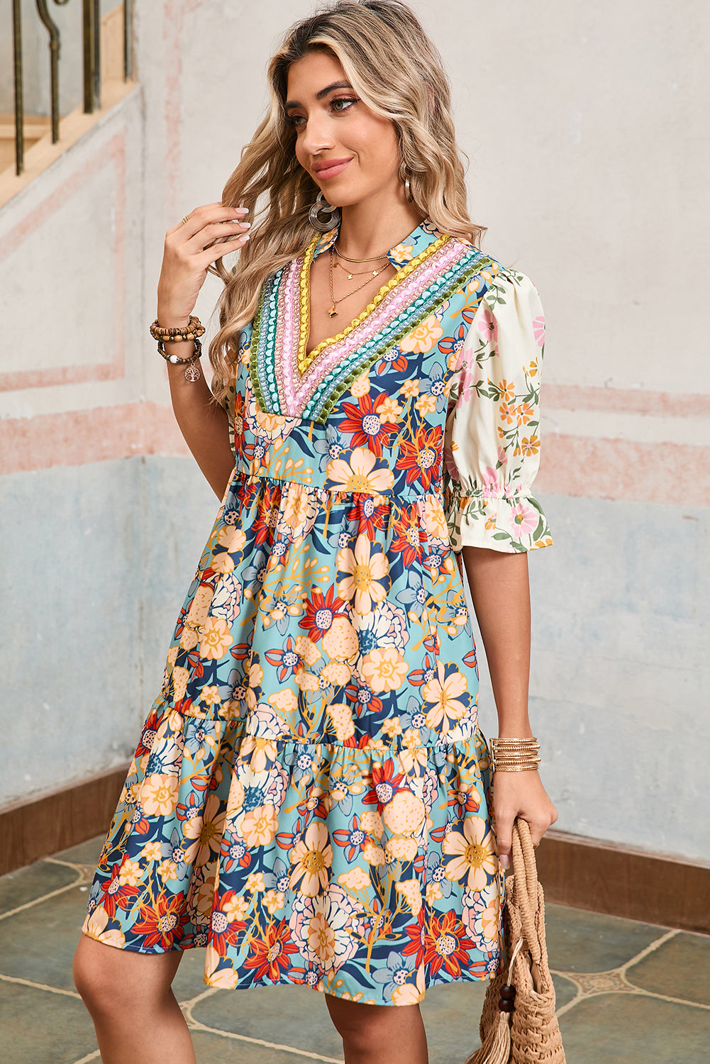 Multicolor Allover Floral Print V Neck Tiered Mini Dress - The Fair Lady Shop