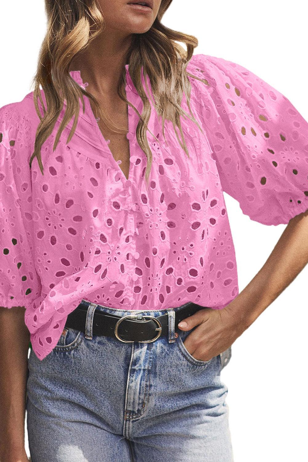 Bonbon Hollow-out Flower Embroidered Short Puff Sleeve Blouse - The Fair Lady Shop