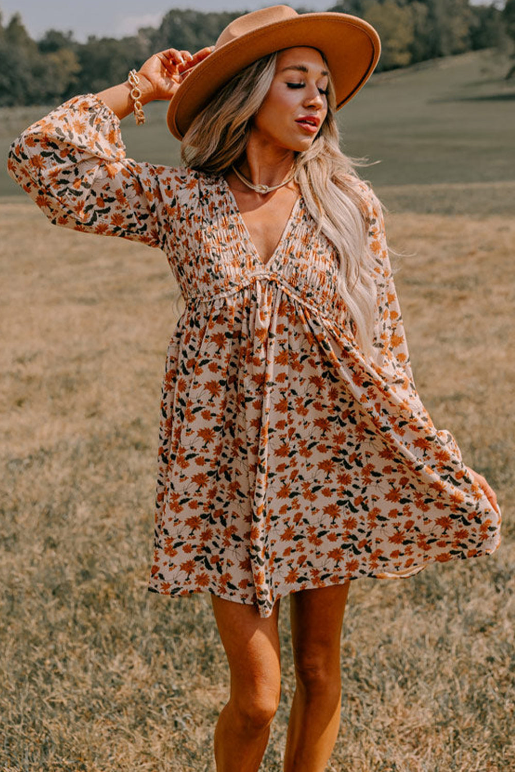 Beige Floral Smocked V Neck Bubble Sleeve Babydoll Dress - The Fair Lady Shop