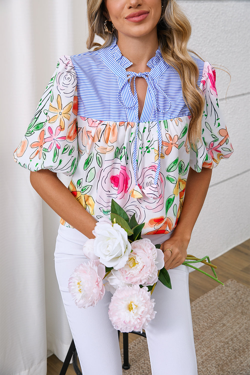 Multicolour Floral Print Striped Frill V Neck Puff Sleeve Blouse - The Fair Lady Shop
