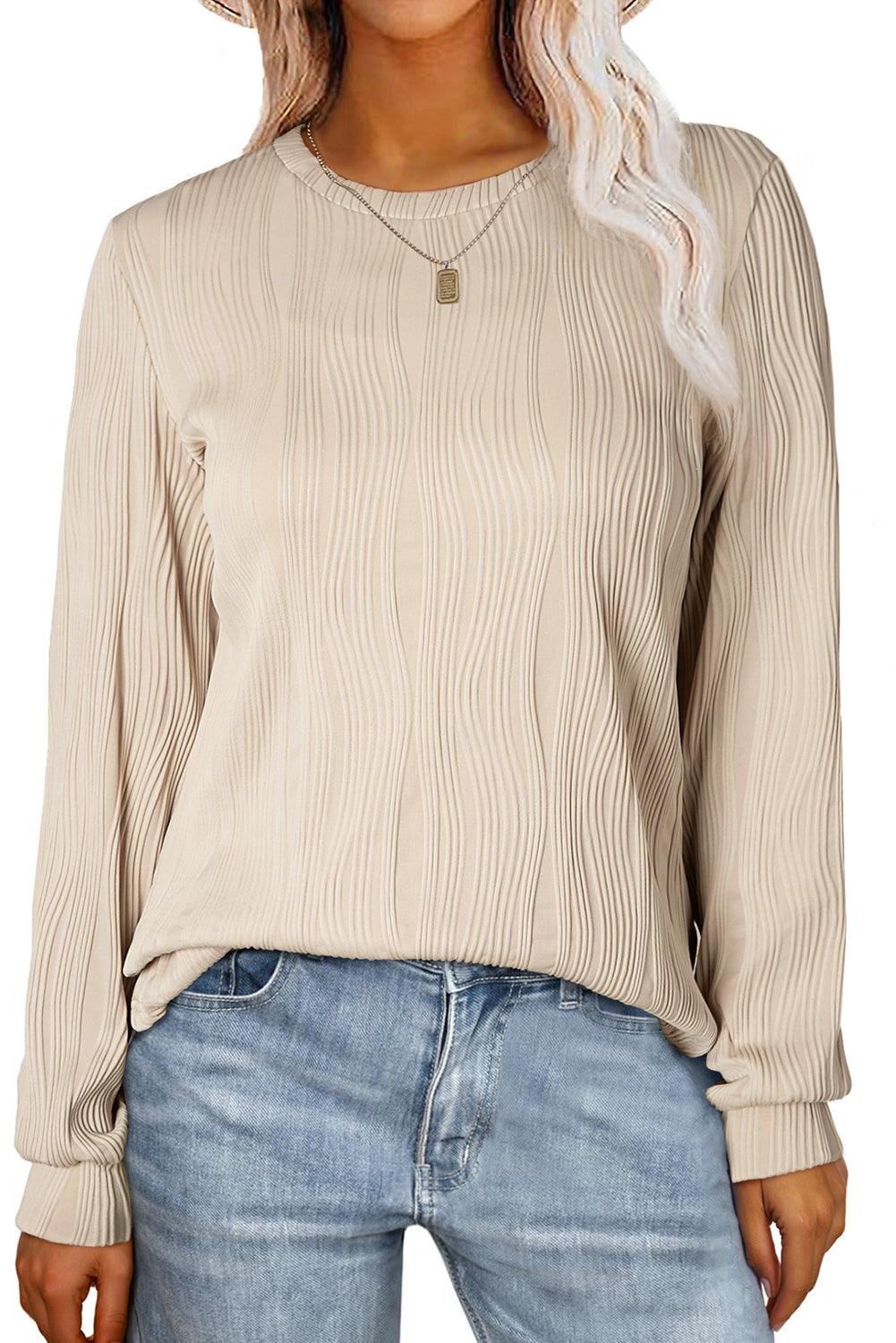 Apricot Wavy Textured Solid Color Drop Shoulder Pullover Top - The Fair Lady Shop