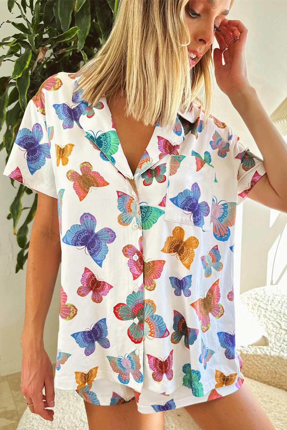 Multicolour Butterfly Print Button-up Shirt & Shorts Pajama Set - The Fair Lady Shop