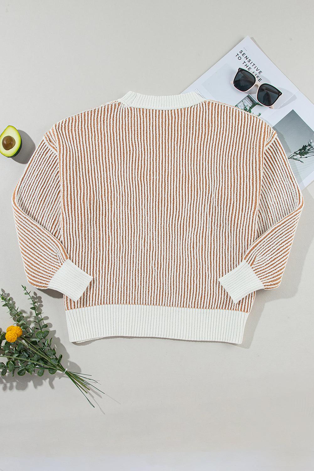 Chestnut Striped Contrast Trim Loose Sweater - The Fair Lady Shop