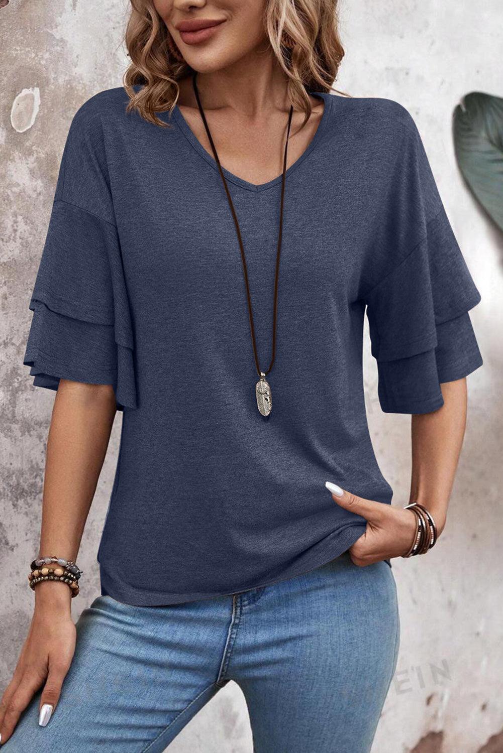 Dune Solid Color V Neck Double Layer Sleeve Loose T-Shirt - The Fair Lady Shop