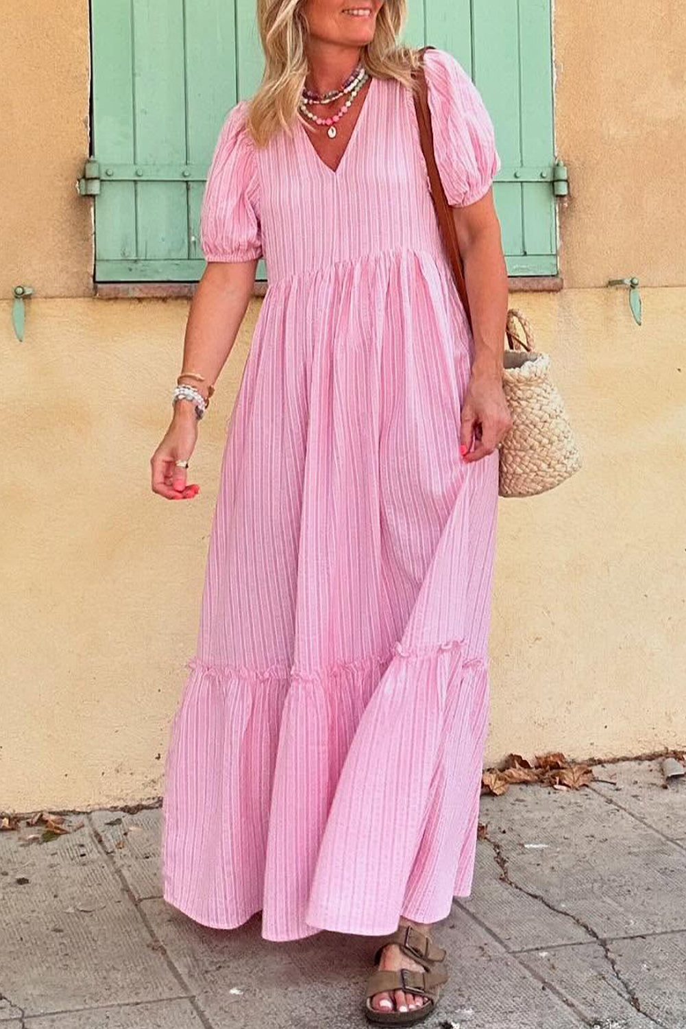 Pink Striped V Neck Puff Sleeve Frill Tiered Maxi Dress - The Fair Lady Shop
