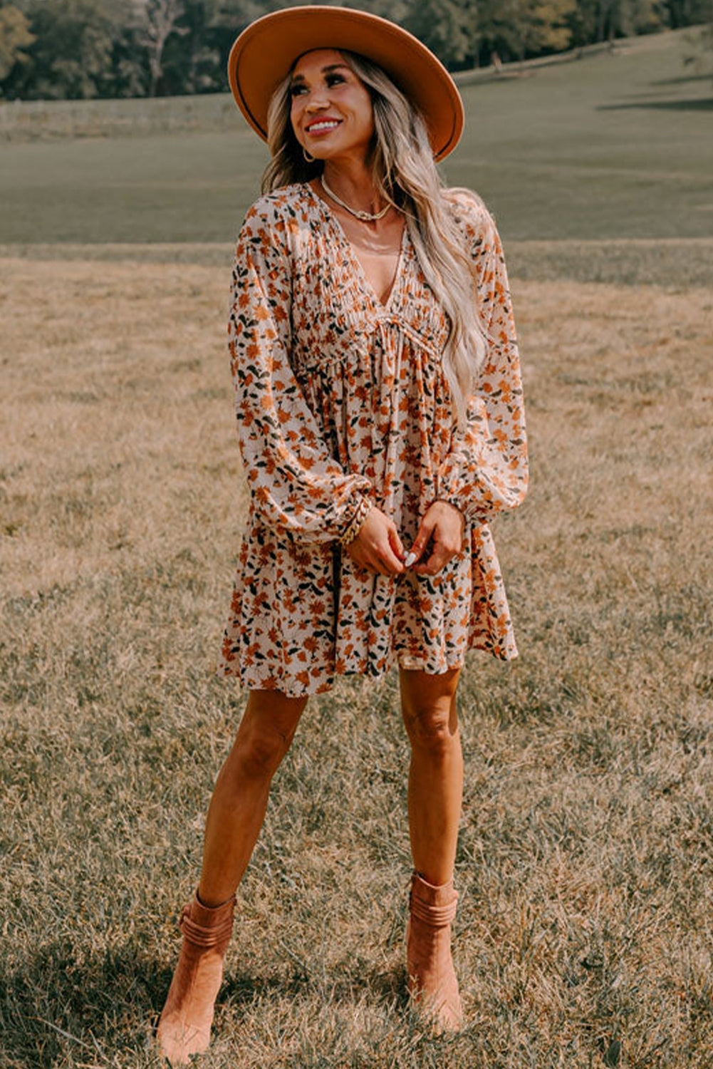 Beige Floral Smocked V Neck Bubble Sleeve Babydoll Dress - The Fair Lady Shop