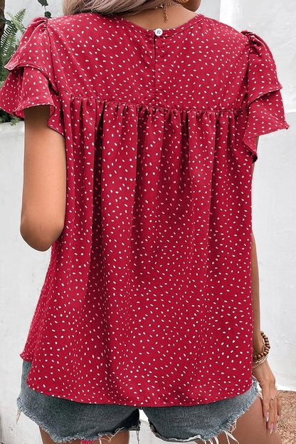 Fiery Red Spotted Print Pleated Ruffle Sleeve Blouse - The Fair Lady Shop