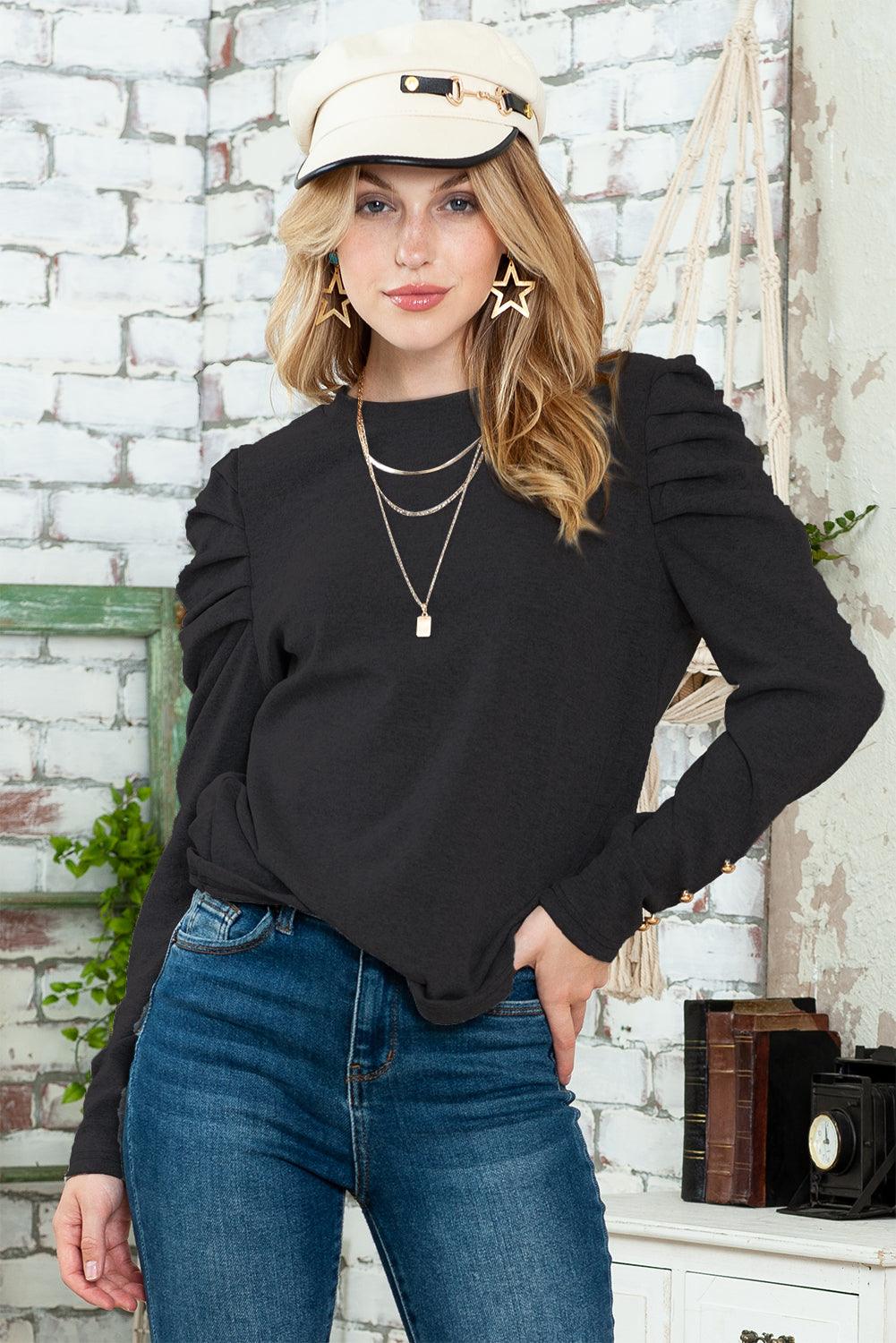 Khaki Plain Buttoned Puff Long Sleeve Sheath Top - The Fair Lady Shop