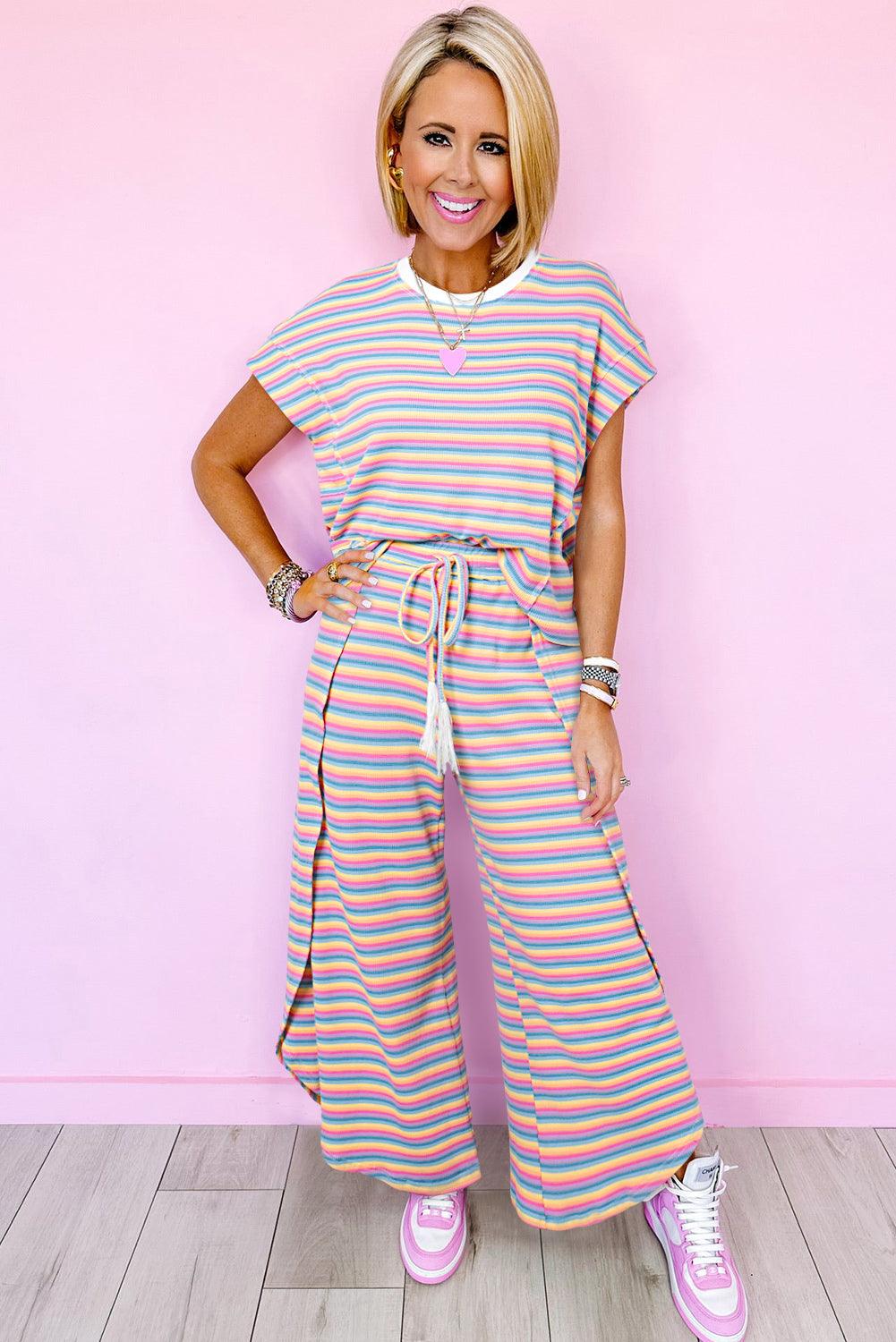 Yellow Stripe Rainbow Tee and Tassel Drawstring Wide Leg Pants Set - The Fair Lady Shop