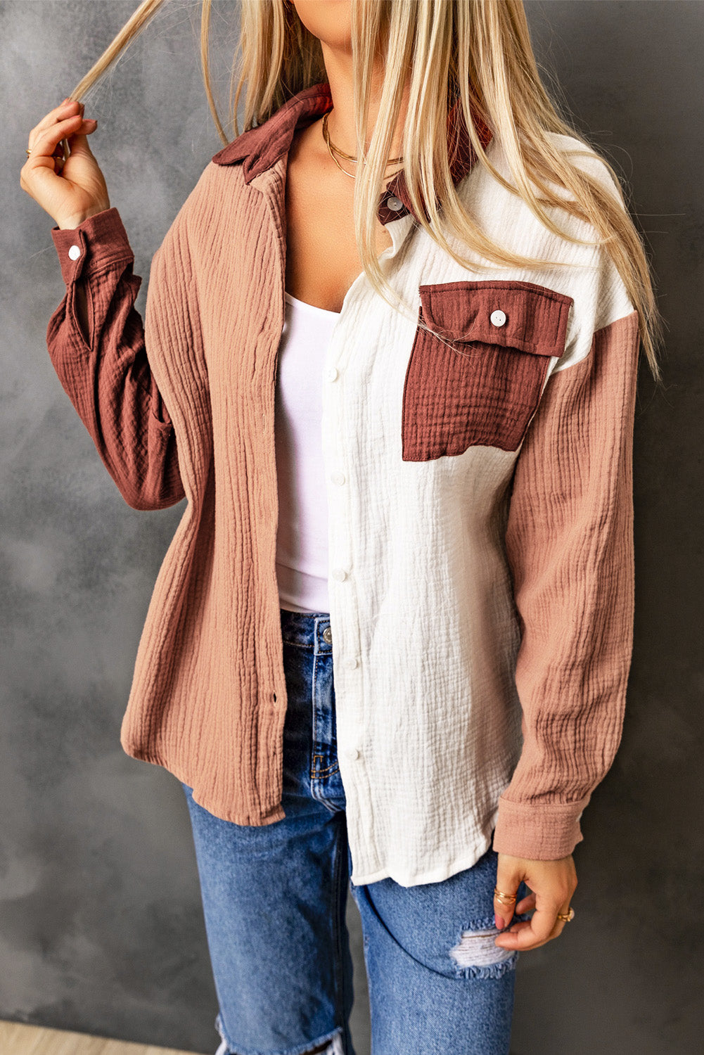 Brown Color Block Pockets Textured Long Sleeve Shacket - The Fair Lady Shop