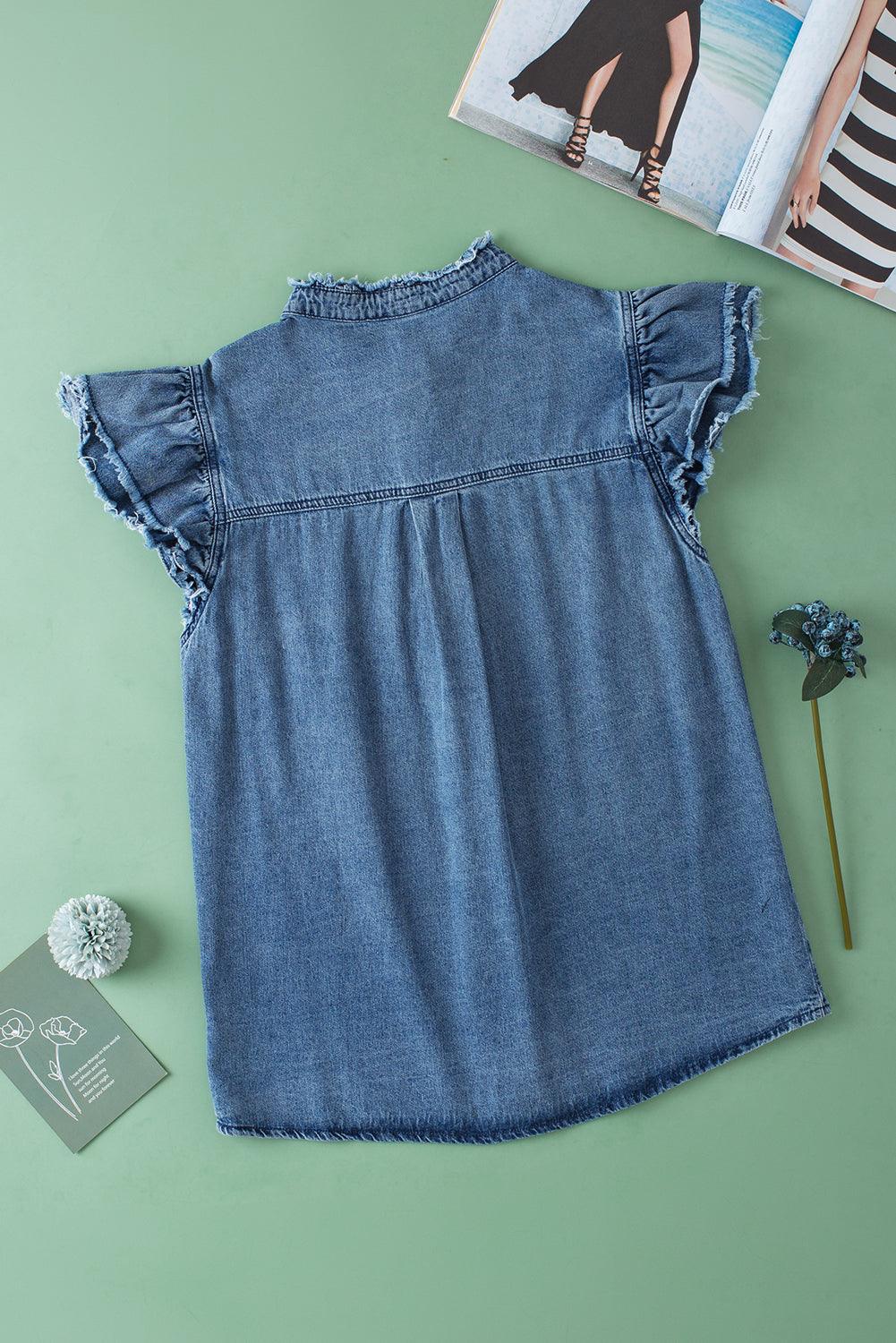 Ashleigh Blue Button Front Ruffled Flutter Frayed Denim Top - The Fair Lady Shop