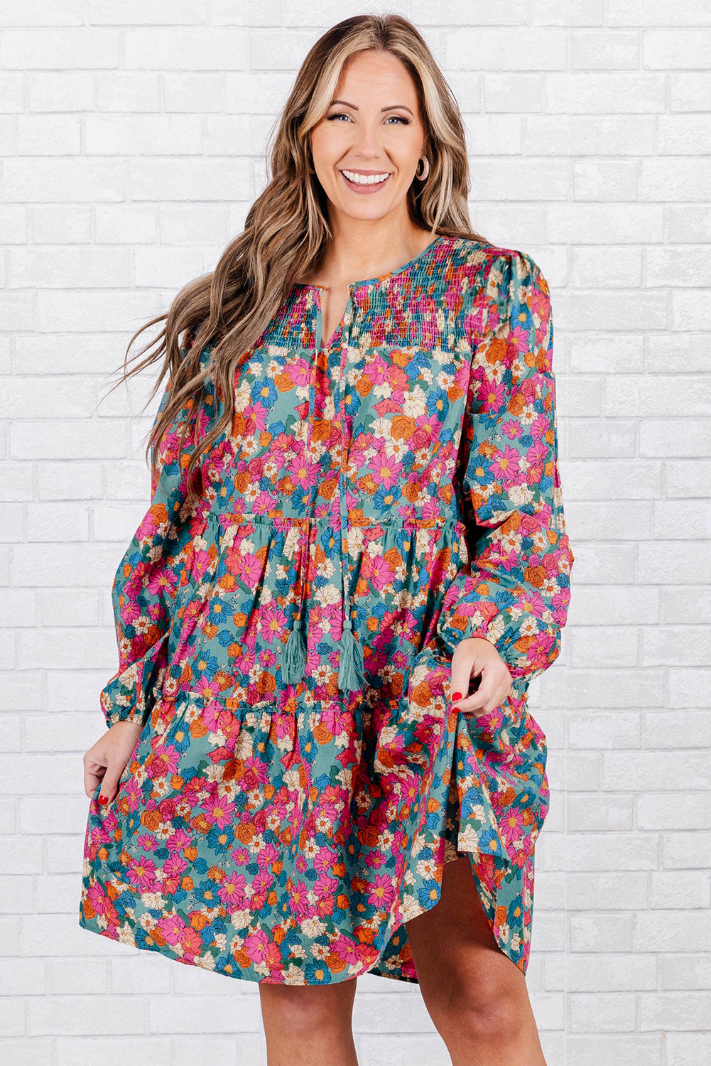 Sky Blue Floral Allover Print Shirred Plus Size Mini Dress - The Fair Lady Shop