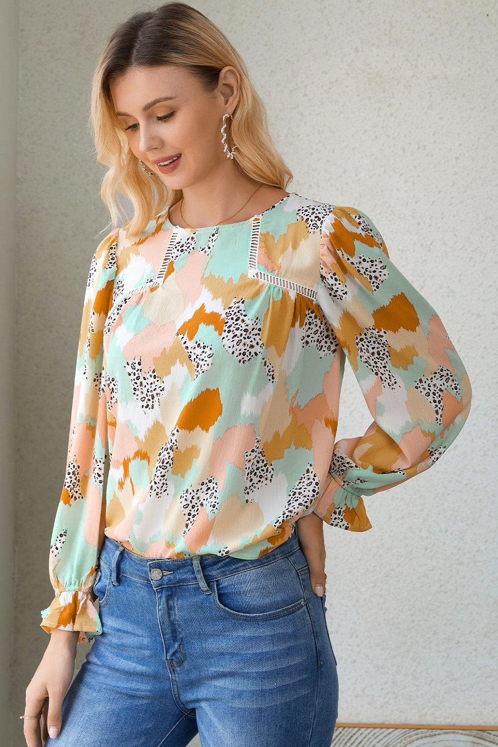 Multicolor Abstract Print Boho Ruffle Puff Sleeve Blouse - The Fair Lady Shop