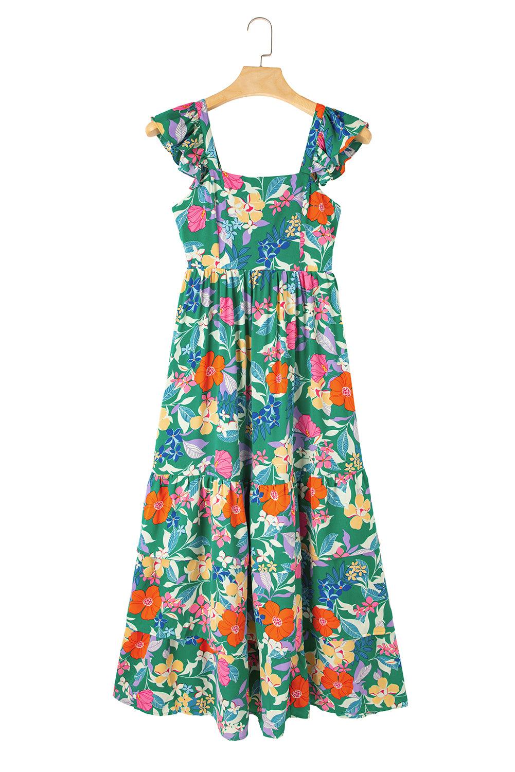 Pink Floral Print Sleeveless Ruffle Tiered Maxi Dress - The Fair Lady Shop