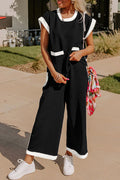 Black Contrast Trim Pocket T Shirt and Wide Leg Pants Set - The Fair Lady Shop