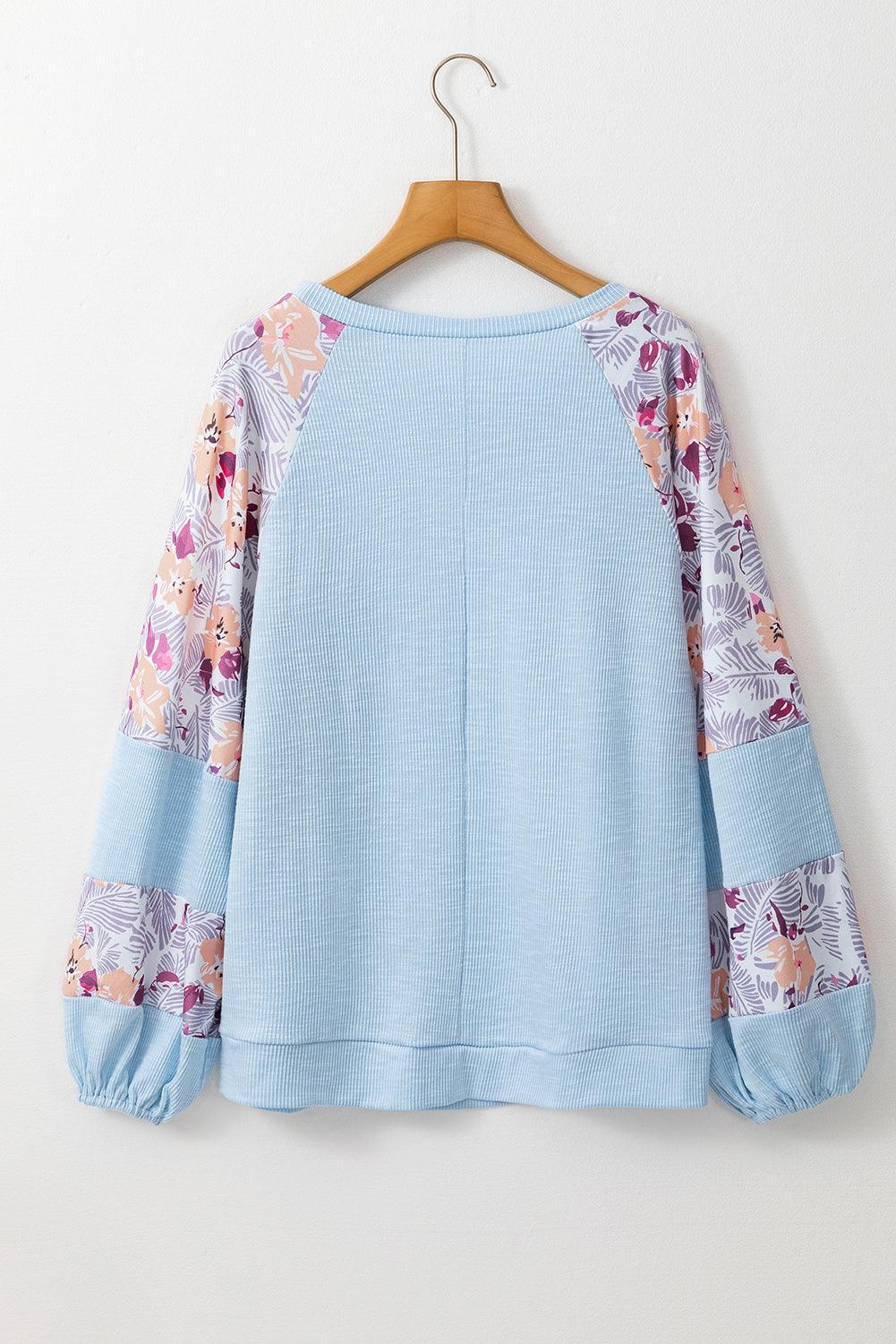 Apricot Crinkle Rib Floral Patchwork Balloon Sleeve Top - The Fair Lady Shop