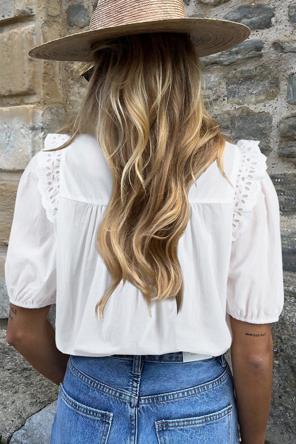 White Embroidered Lace Patchwork Tie Neck Half Sleeve Blouse - The Fair Lady Shop