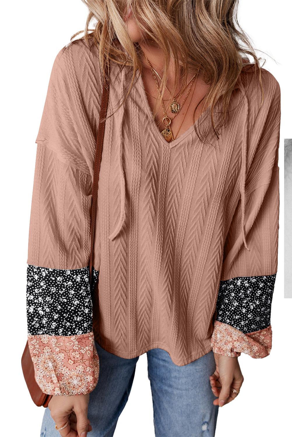 Beige Floral Patchwork Textured Drawstring V Neck Top - The Fair Lady Shop