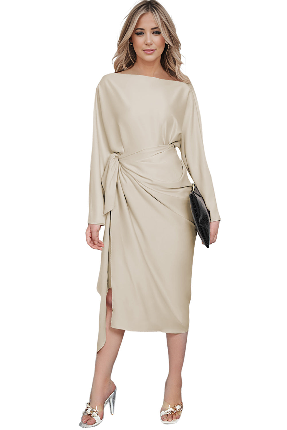 Apricot Satin Elegant Wrap Tie Side Boat Neck Long Sleeve Dress - The Fair Lady Shop