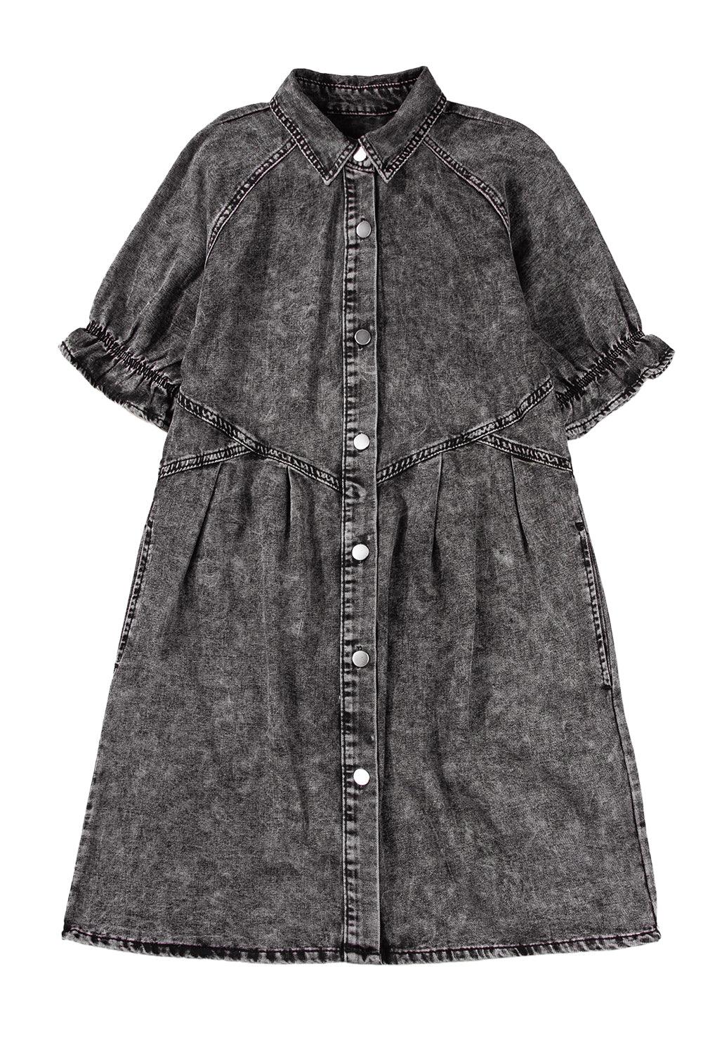 Blue Mineral Washed Ruffled Short Sleeve Pocketed Denim Dress - The Fair Lady Shop