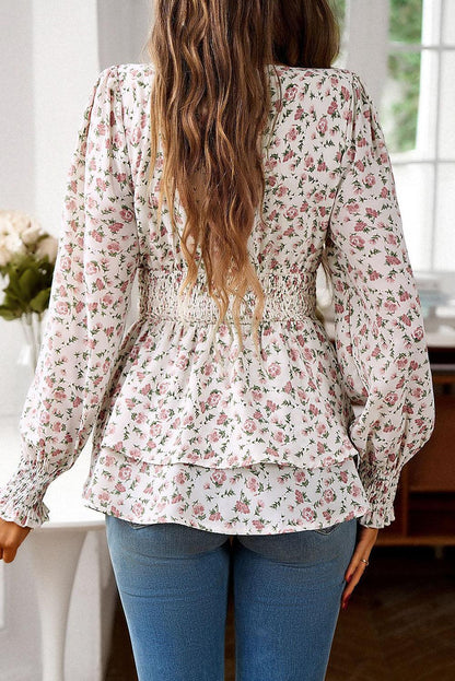 White Floral Print V-Neck Cinch Waist Blouse - The Fair Lady Shop