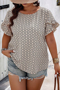 Khaki Geometric Print Frill Tulip Sleeve Plus Size Blouse - The Fair Lady Shop
