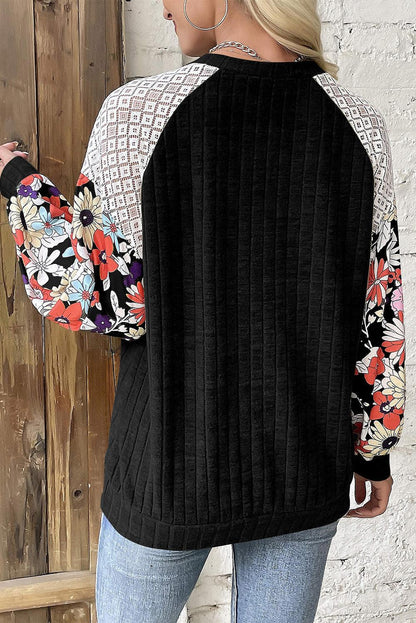 Parchment Floral Patchwork Raglan Sleeve Ribbed Blouse - The Fair Lady Shop