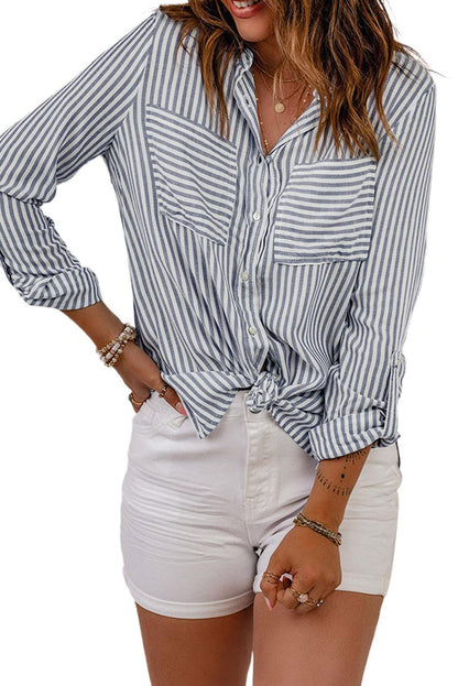 Blue Striped Chic Pockets Roll Up Sleeve Buttons Front Shirt - The Fair Lady Shop