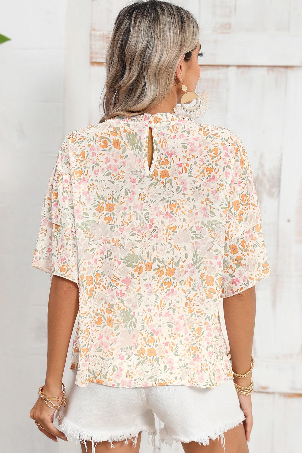 Multicolor Floral Print Wide Batwing Sleeves Blouse - The Fair Lady Shop