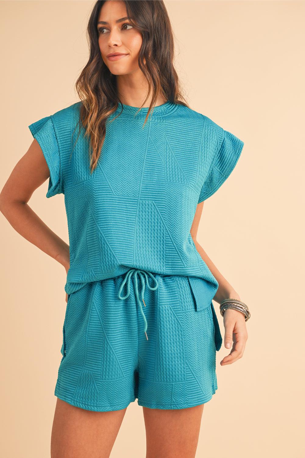 Dark Green Textured Ruffle Split Top and Drawstring Shorts Set - The Fair Lady Shop