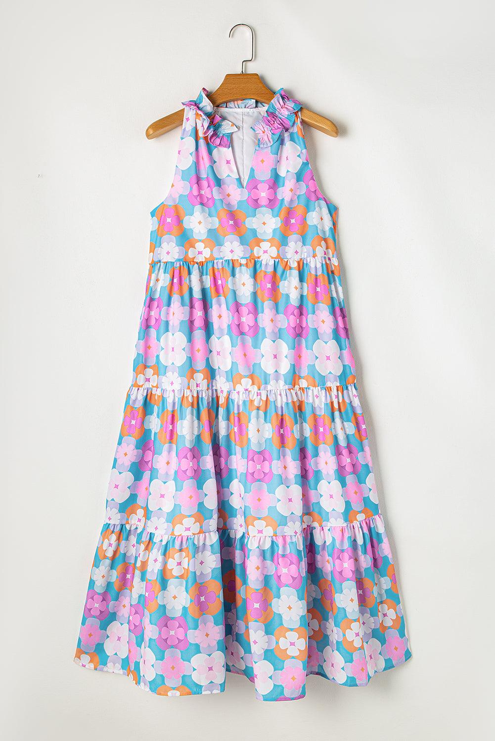 Sky Blue 60s Flower Split Neck Sleeveless Tiered Maxi Dress - The Fair Lady Shop