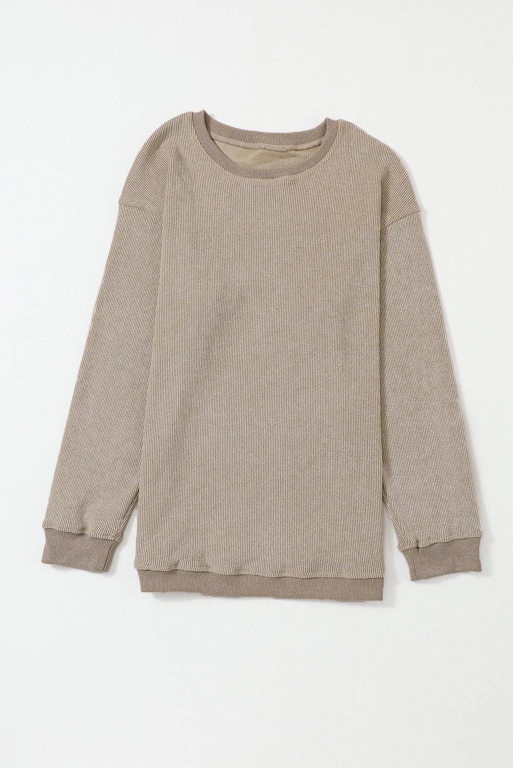 Khaki Solid Ribbed Round Neck Pullover Sweatshirt - The Fair Lady Shop