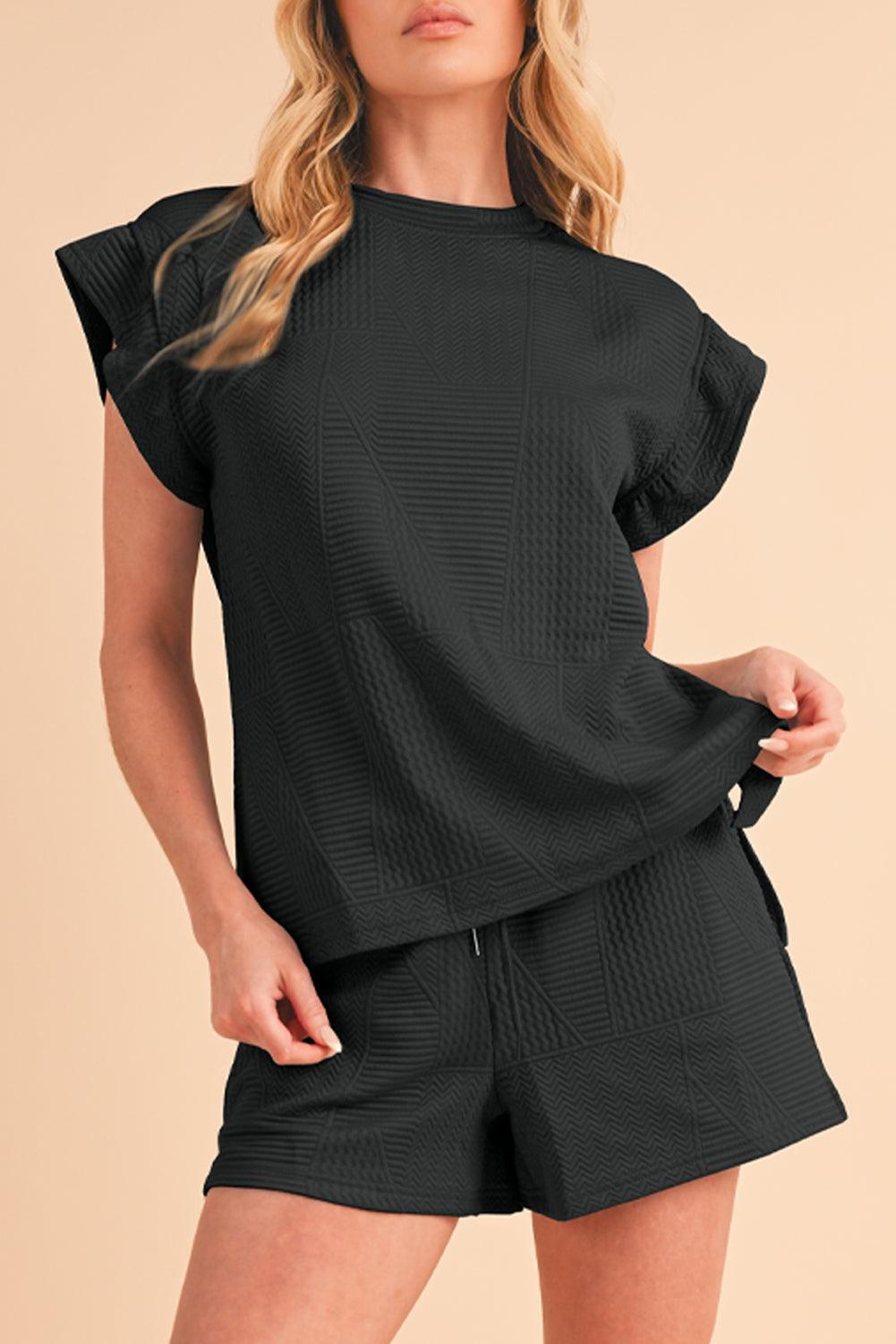 Dark Green Textured Ruffle Split Top and Drawstring Shorts Set - The Fair Lady Shop