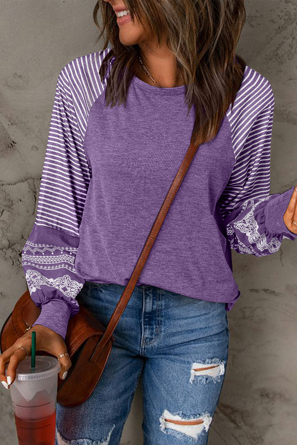 Tillandsia Purple Contrast Print Striped Raglan Long Sleeve Loose Top