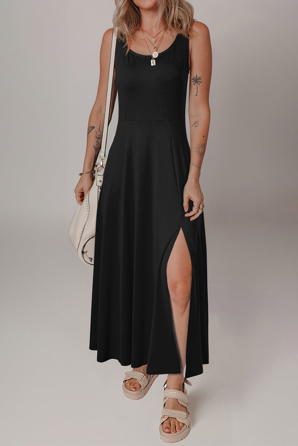 Black Sleeveless Scoop Neck Flared Split Midi Dress - The Fair Lady Shop